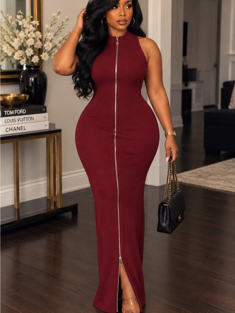 Bar III Sleeveless Zip-Front Ribbed Maxi Dress - Wine